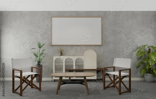 Fototapeta Modern minimalist living room interior with empty canvas artwork, foldable chairs, and coffee table