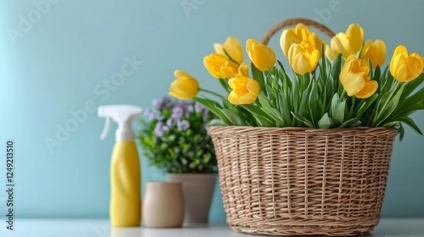 Fototapeta A charming basket filled with bright yellow tulips and fresh greenery brings a pop of color to a white table, accompanied by cleaning supplies against a soft blue backdrop, evoking springtime vibes