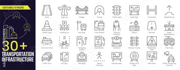 Obraz Transportation Infrastructure Stroke icon collections. Containing Road, Highway, Tunnel, Traffic, Airport, Bike Lane, Exit Sign, GPS Map, and more icons. Editable Stroke icon collection Outline icon