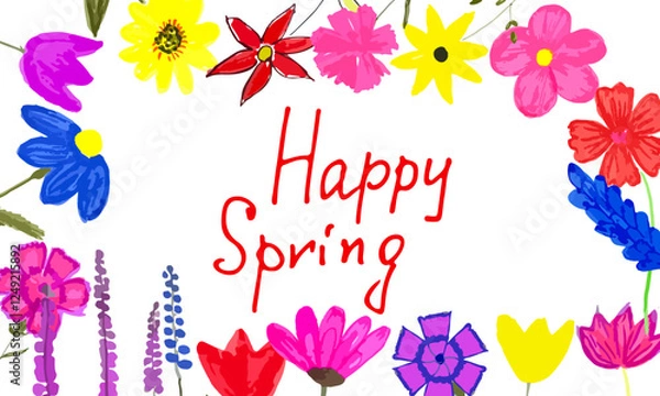 Fototapeta Spring Floral Frame with "Happy Spring" Text – Watercolor Vector