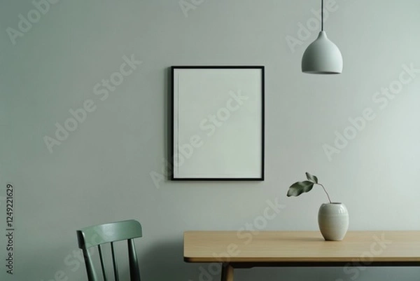 Fototapeta Minimalist dining area with green chair, wooden table, modern pendant light, decorative vase, and empty wall frame for art display. Interior design inspiration.