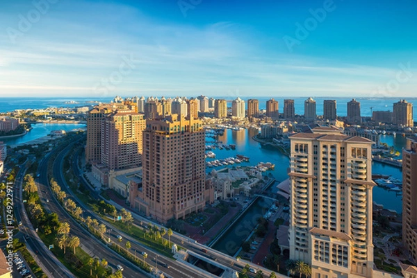 Fototapeta Doha, Qatar - December 20, 2024: Aerial view of Peral Qatar Porto Arabia with Doha Skyline early morning.
