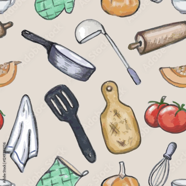 Obraz Seamless pattern kitchen utensil. Hand draw pencil texture. Vector, isolated.