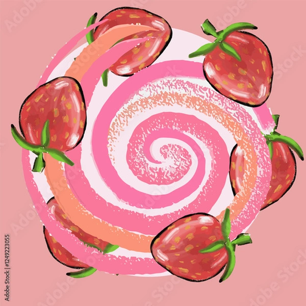 Fototapeta Strawberries in circle, swirls with brush texture. Vector, isolated, hand draw doodle.