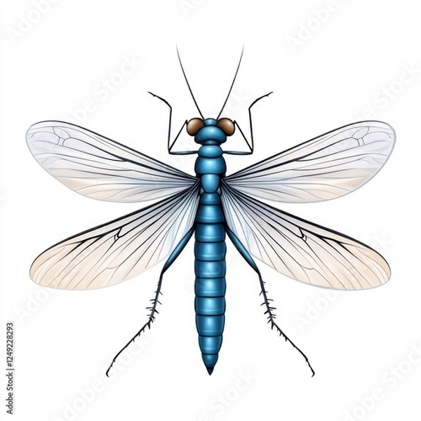 Fototapeta Blue Insect with Delicate Wings and Intricate Body Structure on White Background