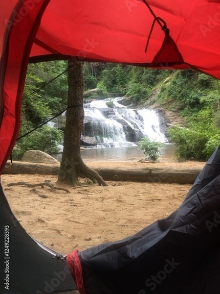 Fototapeta Open tent to waterfall hike 