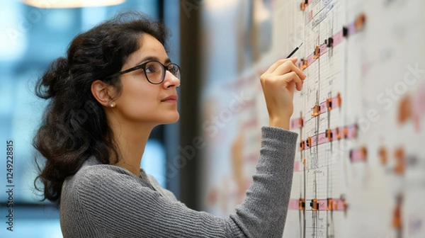Fototapeta project manager analyzing timeline on wall, emphasizing quality checkpoints