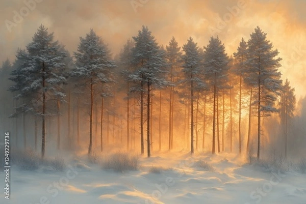 Fototapeta Warm sunlight streaming through misty air illuminates snow-covered pine trees and a tranquil forest floor, creating a stunning winter wonderland filled with magic and serenity