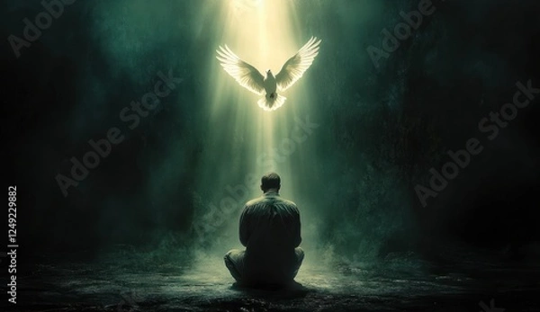 Obraz Pentecost Holy Spirit Dove Appearing to Kneeling Christian Man in Prayer