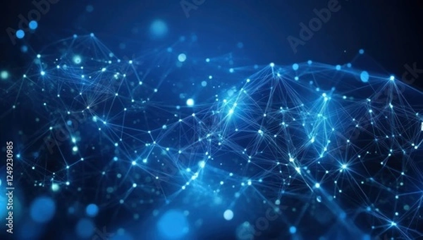 Fototapeta Abstract network of glowing points and lines on a dark blue background.