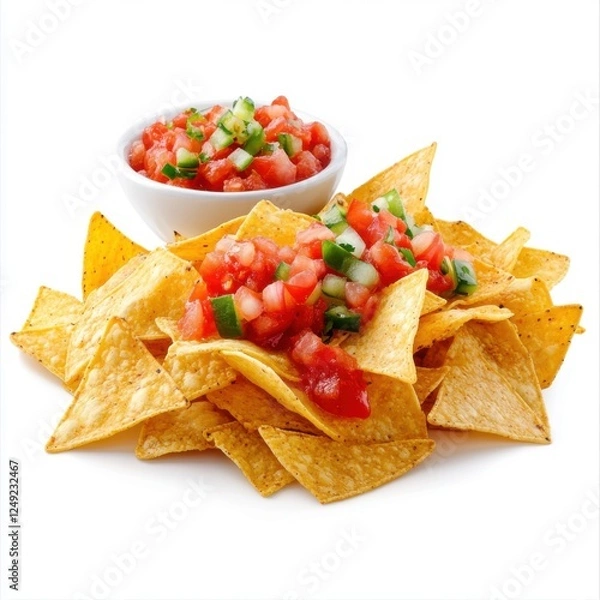 Obraz Crispy Tortilla Triangles with Fresh Salsa Garnish on a Clean White Background
