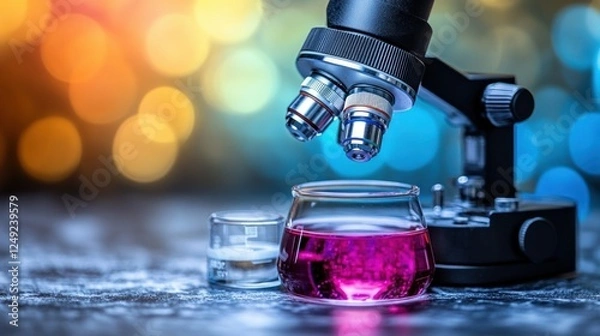Fototapeta Microscope and Beaker with Pink Liquid, Scientific Research in Laboratory