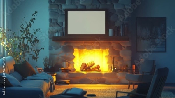 Fototapeta cozy living room with fireplace and blank frame