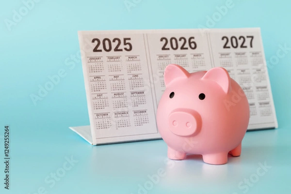 Fototapeta A piggy bank in the form of a pink piglet and a desktop calendar for 2025-2027 on a light blue background. The concept of long-term investments.