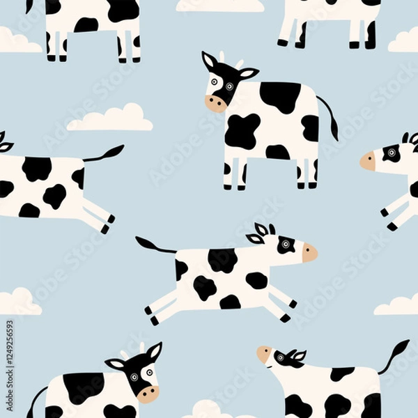 Obraz Seamless pattern with cute cows and fluffy clouds on a blue background in a flat style.