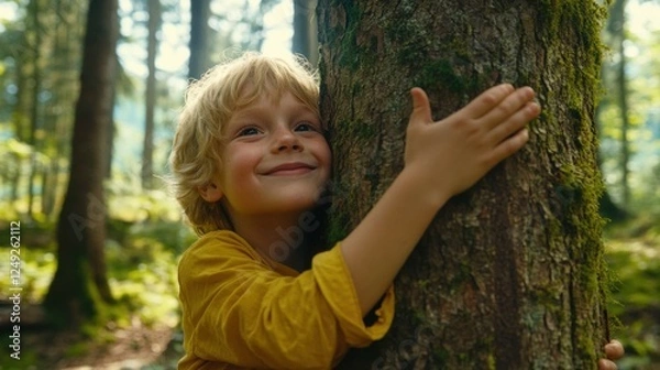 Fototapeta Happy Child Embracing Tree in Lush Green Forest Environment