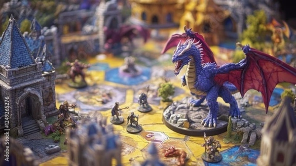 Fototapeta Epic Tabletop Adventure: Dragon and Warriors Clash in a Miniature World