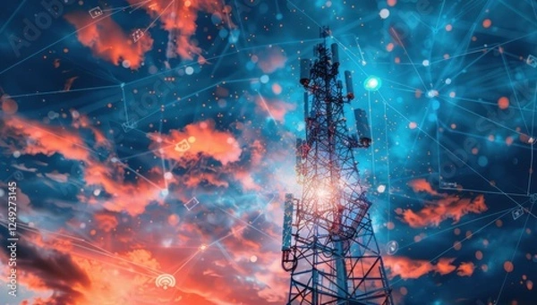 Fototapeta Telecommunication Tower Against a Dramatic Sky