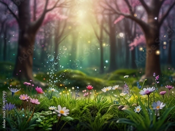Fototapeta Beautiful firefly in the night at nature forest. Spring banner, spring update concept