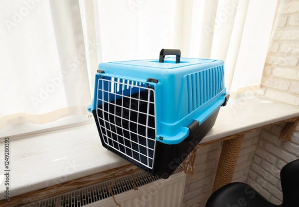Obraz Plastic pet carrier, box with grid for cats or dogs.