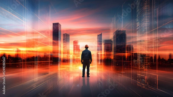 Obraz a lone construction worker stands silhouetted against the backdrop of a futuristic cityscape, looking out at a breathtaking sunrise. The image is infused with a sense of hope, progress.