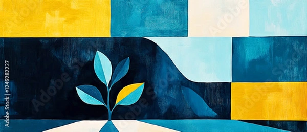 Fototapeta Abstract geometric background with blue and yellow textured blocks and plant motif.