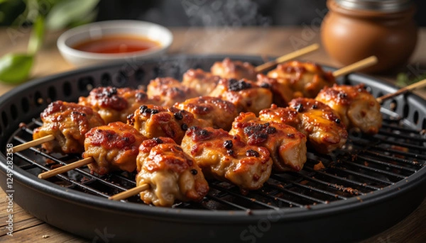Fototapeta Spiced lamb skewers grilling outdoors, warm and inviting atmosphere