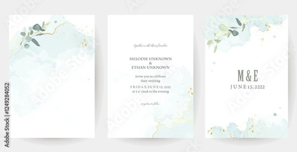 Obraz Herbal eucalyptus and gold vector frames. Hand painted branches, leaves on white backgrounds. Greenery wedding simple minimalist invitations. Watercolor cards. All elements are isolated and editable