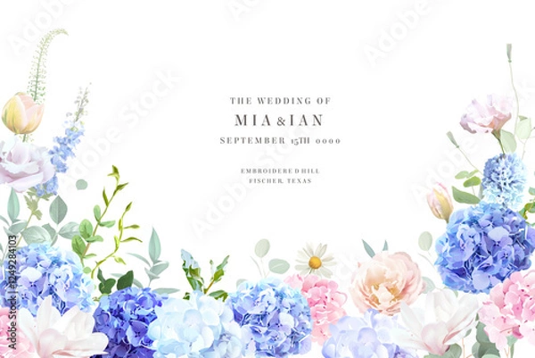 Obraz Bridgerton inspired pastel floral vector design frame. Blue delphinium, hydrangea, white magnolia, tulips, rose, hyacinth, greenery and plants card. All flowers and branches are isolated and movable