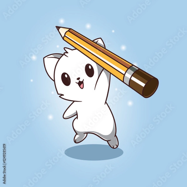 Fototapeta Cute Cat Jumping with Pencil Cartoon Vector Icon Illustration Education Object Icon Isolated Flat Vector