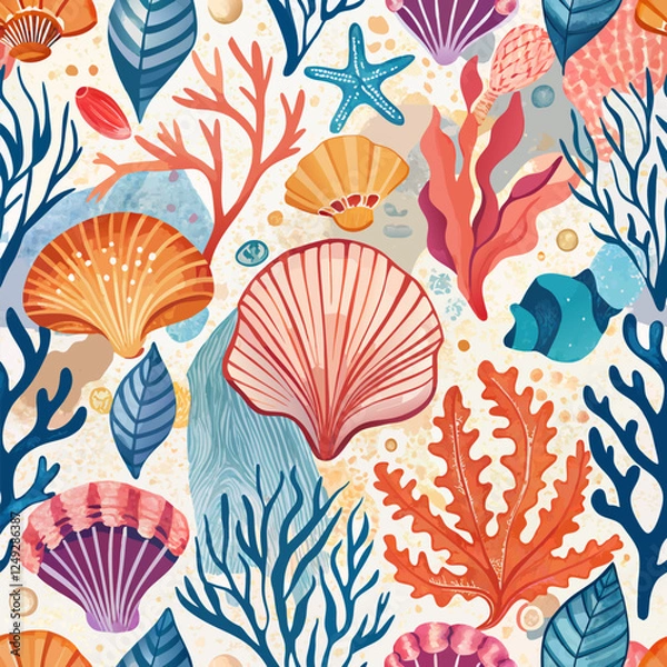 Fototapeta Underwater Watercolor Design with Seashells