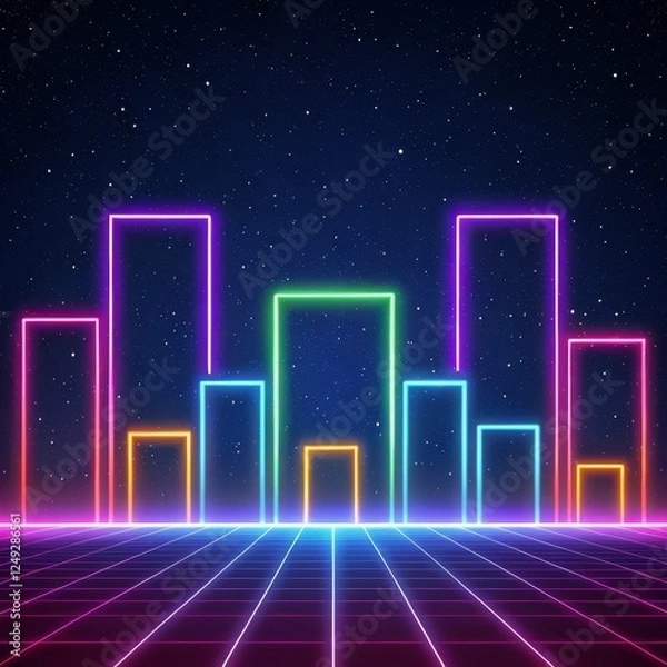 Fototapeta Retro Neon Cityscape 80s Synthwave Grid, Colorful Glowing Lines, Starry Night Background,Digital Art Synthwave, Retrofuturism