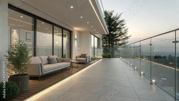 Fototapeta Transformative evening relaxation sleek modern balcony outdoor living space urban environment scenic view with glass railings and led lighting