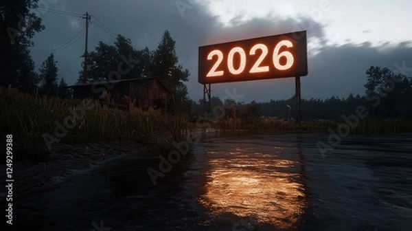 Fototapeta A weathered billboard displaying '2026' reflects in the water at dusk near a rustic cabin in a serene landscape