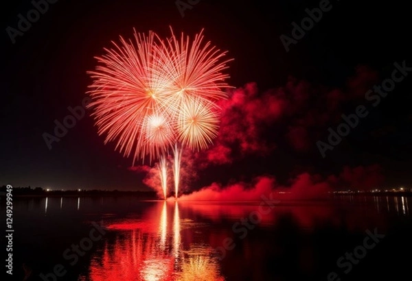 Obraz Red Fireworks Reflected on Water at Night