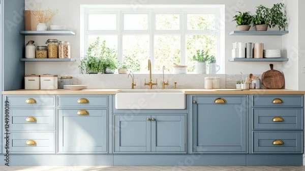 Fototapeta A kitchen with a blue countertop and cabinets, a sink, and a window