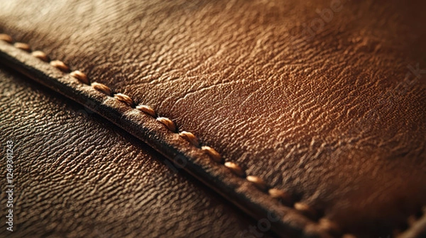 Fototapeta Close-up of luxurious brown leather wallet corner showcasing rich texture and elegant stitching