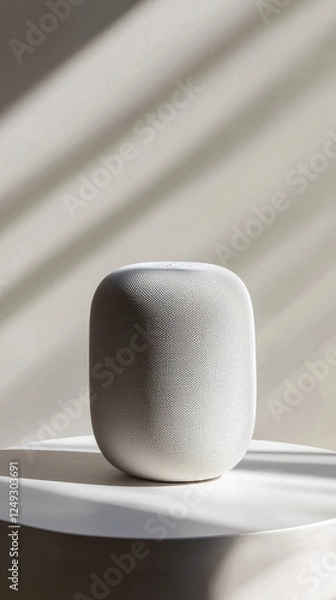 Fototapeta Minimalist white smart speaker with rounded edges in modern living space setup