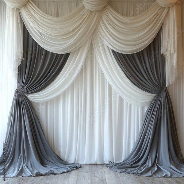 Fototapeta Draped Elegance:  A luxurious backdrop for your special events, featuring flowing gray and ivory drapes creating a captivating and sophisticated ambiance.  