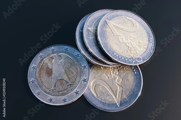 Fototapeta Close up of pile of two euro coins. 3d rendering illustration