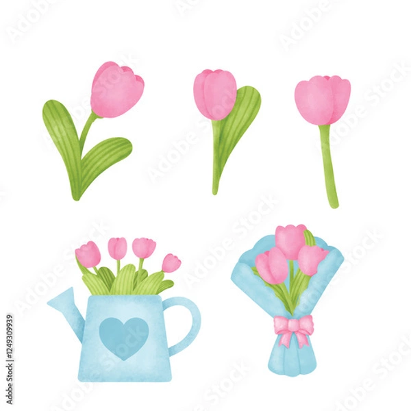 Obraz Set of Watercolor Pink Tulip Illustration for sping card , greeting card