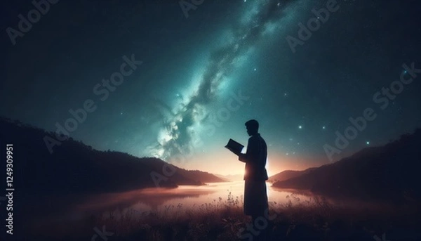 Fototapeta silhouette of a person carrying the Koran and reading it