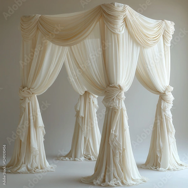 Fototapeta Elegant Draped Canopy Bed: A luxurious cream-colored canopy bed, elegantly draped with flowing fabric, creates a romantic and sophisticated atmosphere.  The fabric features soft ruffles and gathers.