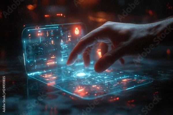 Fototapeta A futuristic glass touchscreen panel with a seamless, reflective surface, illuminated by holographic UI elements, copy space background