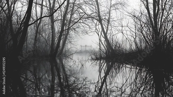 Obraz A moody landscape with a gate hidden behind the trees with reflection on the water