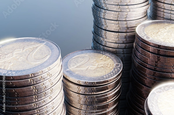 Fototapeta Close up of pile of two euro coins. 3d rendering illustration