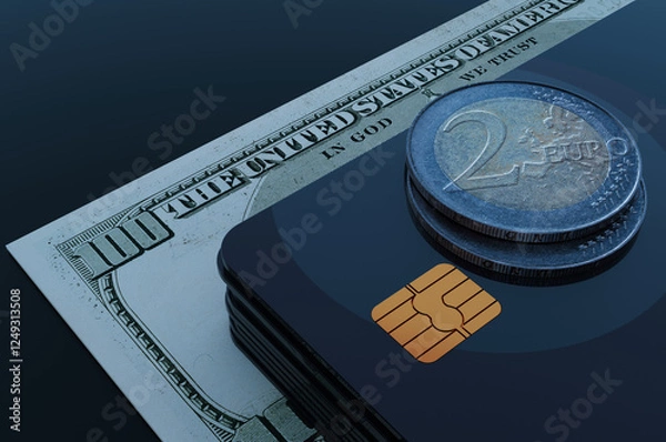 Fototapeta Close up of a hundred dollar bill in a pile of euro coins near a credit card. 3d rendering illustration