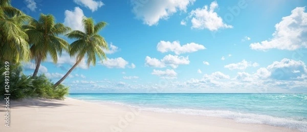 Fototapeta Serene palm tree beach with gentle waves and clear blue sky under bright sunlight