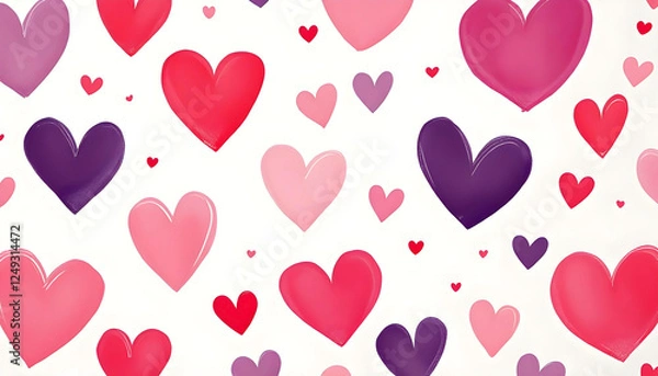 Fototapeta Beautiful seamless pattern of cute hand drawn hearts in red and pink ideal for creating a romantic wedding card