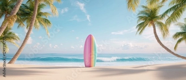 Fototapeta Colorful surfboard standing upright on sandy beach between swaying palm trees under clear blue sky